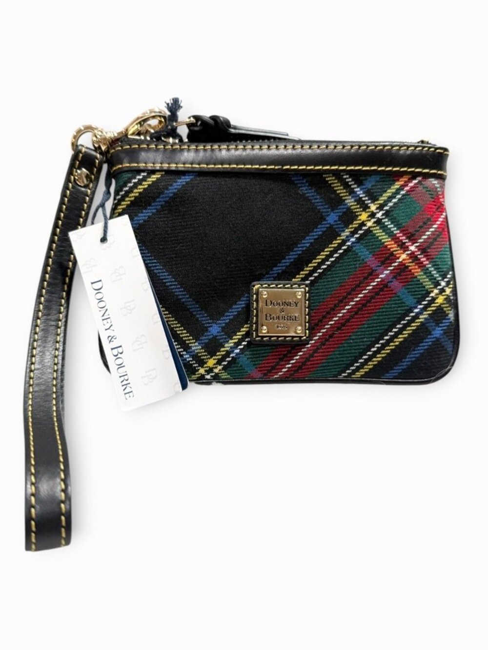 New! Dooney & Bourke Black Tartan Plaid Medium Wristlet